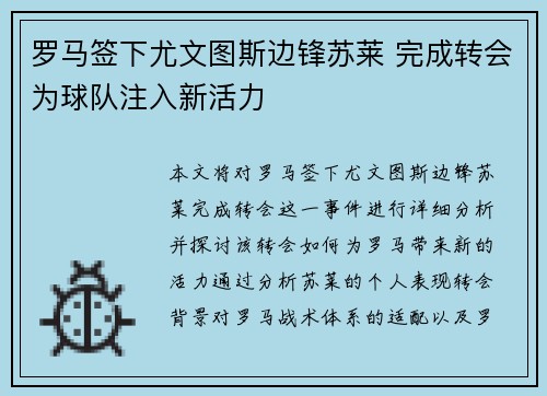 罗马签下尤文图斯边锋苏莱 完成转会为球队注入新活力 罗马签下尤文图斯边锋苏莱 完成转会为球队注入新活力